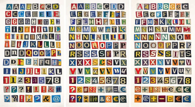 Set of 3 Cut Out Magazine Alphabet Letters and Numbers Vector