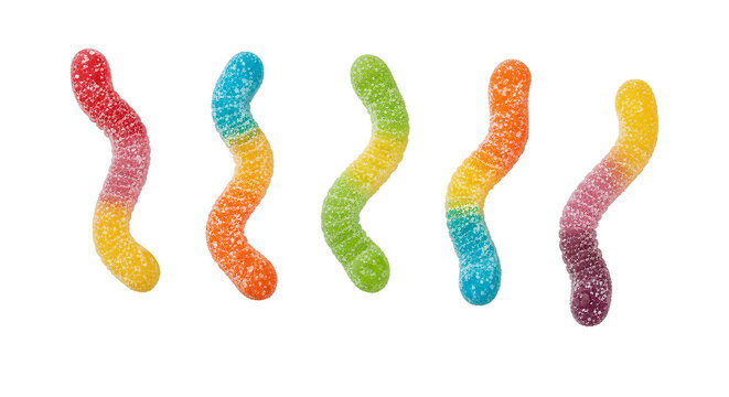 Sour Gummy Worms PNG. Sweet neon sugar coated jelly candies isolated. Delicious bright fun chewy snack treat and cheerful childhood dessert design
