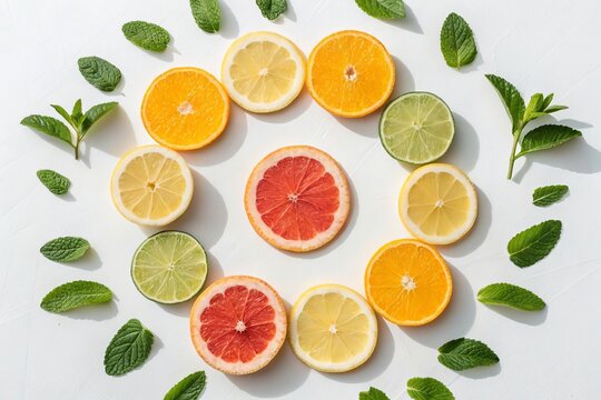 Colorful Citrus Fruits and Fresh Mint Leaves in Artistic Arrangement