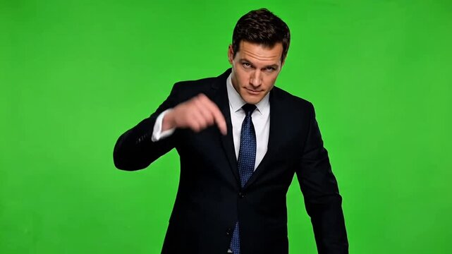 Hyper realistic corporate spokesperson leaning slightly forward with confident assertive expression, strong closing gesture pointing downward (for subscribe or click button area)