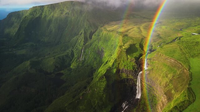 Incredible rainbows over an amazing waterfall in Flores, Portugal