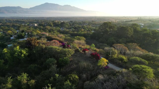 Drone shot of a Mexican valley at dawn. Golden light hits rolling hills and flowering red trees as a white van travels a dirt road near a small village.