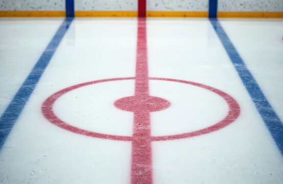 Close-up of ice hockey rink with blue and red lines. Central red circle marks center of playing surface. Image focuses on markings indicating game in progress or preparation for competition.