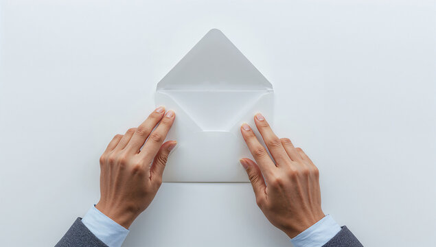 事務手続きの場面で封筒を開封する手元の白背景写真