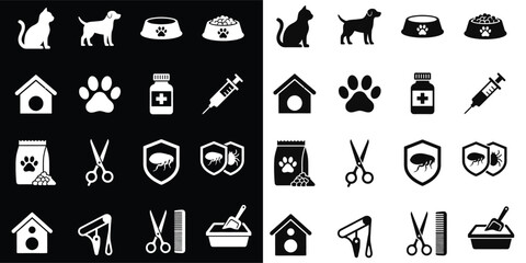 Obraz premium Flat Vector Pet Care Icons Set – Grooming, Veterinary and Animal Supplies Symbols 