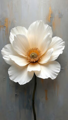 Obraz premium Abstract white flower with golden accents and texture painted on grey background. Oil painting style floral art, elegant bloom, nature inspired, interior decor element.
