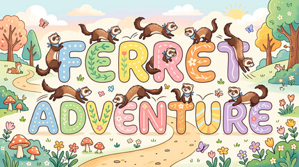 Obraz premium National Ferret Day Cute Cartoon Ferrets Adventure Illustration Colorful Spring Forest Scene Furry Pet Celebration Banner for Animal Lovers