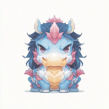 Charming chibi water horse character with blue mane and pink crystal adornments