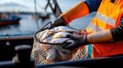 Fisherman's gloved hands holding a fishing net brimming with fresh fish on a boat deck, representing the hard work of harvesting seafood for market and the abundance of the sea