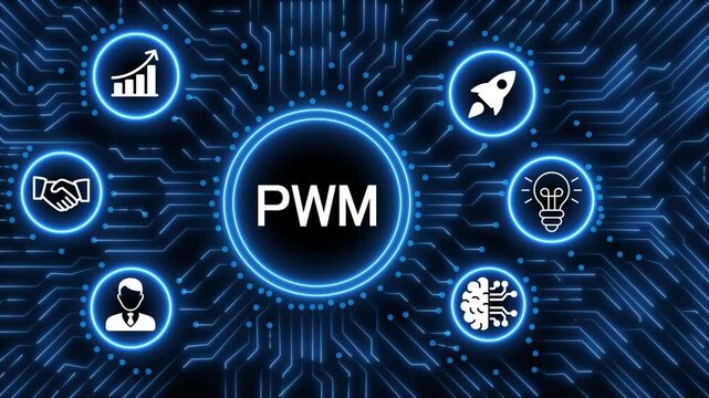 A glowing neon  PWM icon surrounded by smaller icons for ai and manufacturing process management all connected in a digital circuit like pattern, manufacturing planning, manufacturing strategy. 4k 