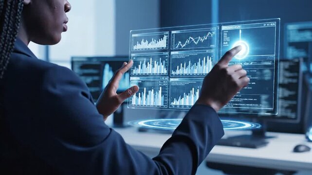 Professional Analyzing Futuristic Holographic Data Interface with Charts and Graphs for Business Analytics