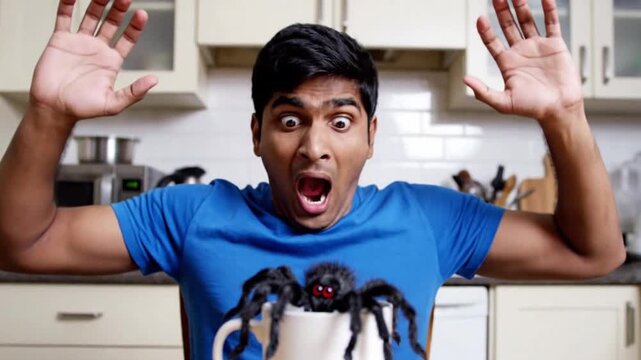 Close-Up of Fake Spider Prank on Coffee Cup with Exaggerated Slow Motion Scream