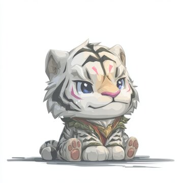 Charming chibi white tiger character with detailed fur and armor, fantasy mythical creature illustration