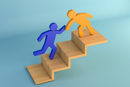 3D Illustration of teamwork helping hand on stairs, support and career growth concept