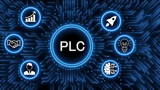 A glowing neon  PLC icon surrounded by smaller icons for ai and manufacturing process management all connected in a digital circuit like pattern, manufacturing planning, manufacturing strategy. 4k 