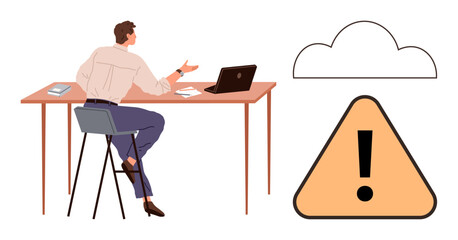 Fototapeta premium Cloud computing, business communication, cybersecurity, data protection, risk management, online threats. A man at a desk with a laptop, cloud symbol and warning triangle. Cybersecurity and data