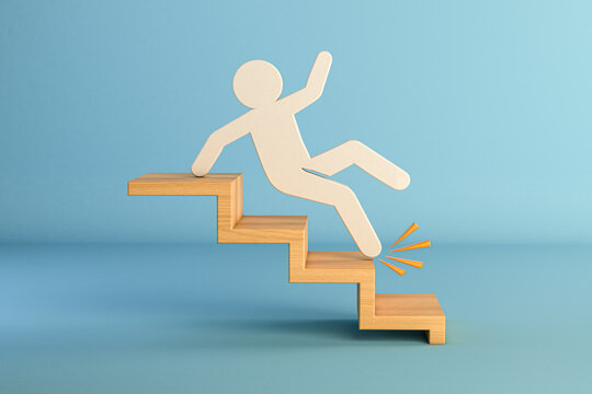 3D Illustration of a person slipping on stairs, accident risk and safety concept