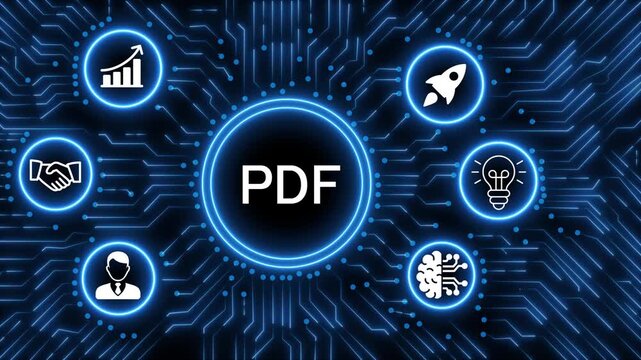 A glowing neon  PDF icon surrounded by smaller icons for ai and manufacturing process management all connected in a digital circuit like pattern, manufacturing planning, manufacturing strategy. 4k 