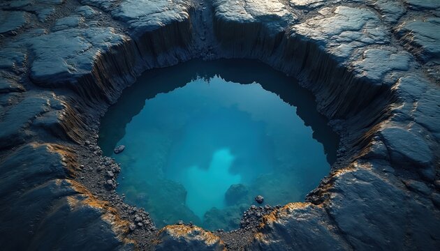 Aerial view of dark rocky landscape with bright blue waterhole. Rough textured stone edges surround deep indigo pool. Natural geology formation abyss, isolated remote area.