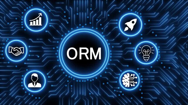 A glowing neon  ORM icon surrounded by smaller icons for ai and manufacturing process management all connected in a digital circuit like pattern, manufacturing planning, manufacturing strategy. 4k 