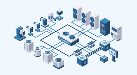 Isometric Data Center Network Infrastructure with Connected Servers and Devices.