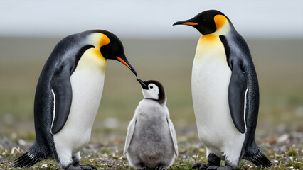 Obraz premium Adult King Penguins Tenderly Interacting with Their Fluffy Gray Chick in a Natural Antarctic Tundra Habitat, Realistic Wildlife Photography