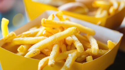 Golden, crispy French fries in yellow containers. The fries are thin and evenly cut, served as a popular fast food item.