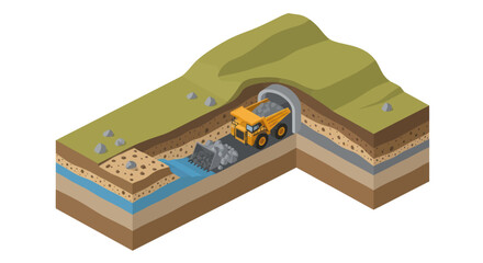 Isometric illustration depicting underground mining operations with a dump truck and excavator near a tunnel entrance. © islak
