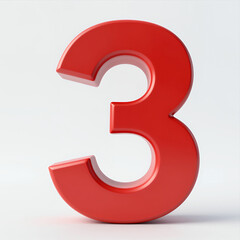 Fototapeta premium Bold Red Three Dimensional Number 3 with Smooth Glossy Finish and Soft Shadow on White Background for Design Projects