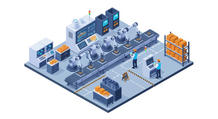Obraz premium Isometric Smart Factory with Automated Production Line and Workers.
