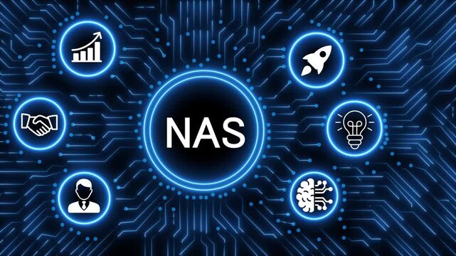A glowing neon  NAS icon surrounded by smaller icons for ai and manufacturing process management all connected in a digital circuit like pattern, manufacturing planning, manufacturing strategy. 4k 