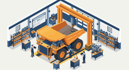 Isometric view of a large mining dump truck undergoing maintenance in a workshop. © Vario