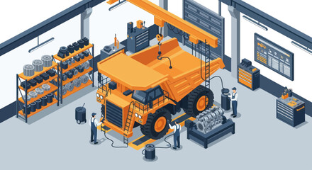 Large Mining Dump Truck Undergoing Maintenance in a Workshop. © Vario