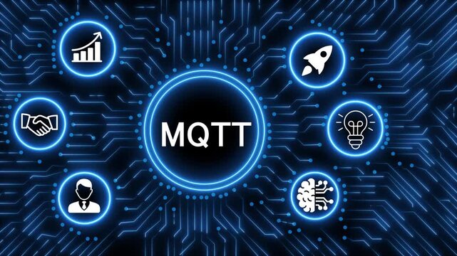 A glowing neon  mqtt icon surrounded by smaller icons for ai and manufacturing process management all connected in a digital circuit like pattern, manufacturing planning, manufacturing strategy. 4k 