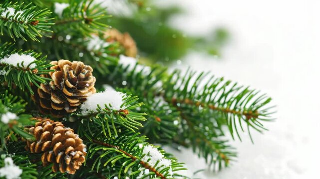 A close-up of a pine cone on a snowy evergreen branch, perfect for holiday decorations and seasonal stock s.