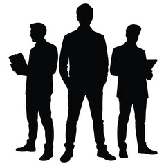 Three Businessmen Silhouettes Standing Holding Tablets and Briefcase on White Background