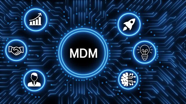 A glowing neon  MDM icon surrounded by smaller icons for ai and manufacturing process management all connected in a digital circuit like pattern, manufacturing planning, manufacturing strategy. 4k 