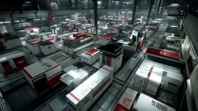 Interior of massive futuristic storage facility filled with standardized cargo containers