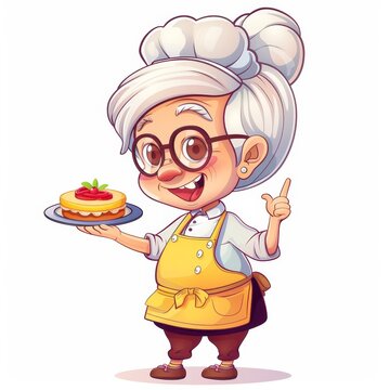 Charming elderly female chef illustration, holding a delightful cake and pointing animated movie