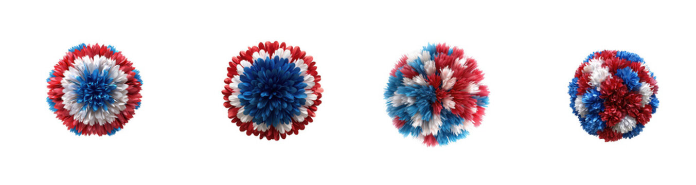 Round fluffy pom poms in red, white, and blue colors, resembling fireworks or patriotic decorations. isolated on transparent background