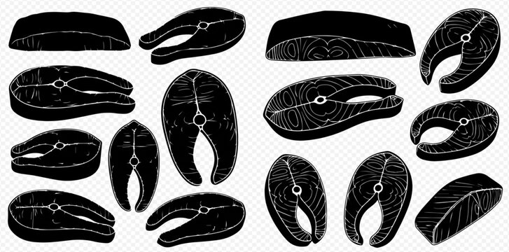 Set of black and white silhouettes of various fish steaks and fillets, ideal for seafood packaging or restaurant menus.