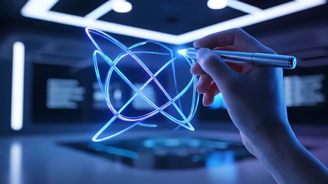 A realistic hand holds a light pen in mid-air, skillfully drawing glowing holographic lines that form a cool, abstract illustration. This scene is set in a futuristic studio environment.