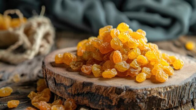 Golden raisins in focus against a rustic cut wood log background.