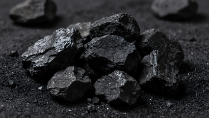 Close-up of Rough Black Coal Pieces Scattered on Dark Soil Surface with Natural Texture and Gritty Detail for Industrial or Environmental Concept Photography