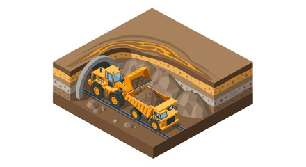 Isometric illustration of an underground mining operation with a loader and dump truck working in a tunnel. © islak