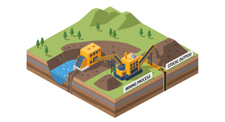 Isometric illustration depicting a mining process with excavators and a processing plant near a water source and a stock pile. © islak