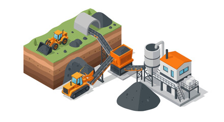 Isometric illustration of a coal mining operation, showing excavation, transportation, and processing facilities. © islak