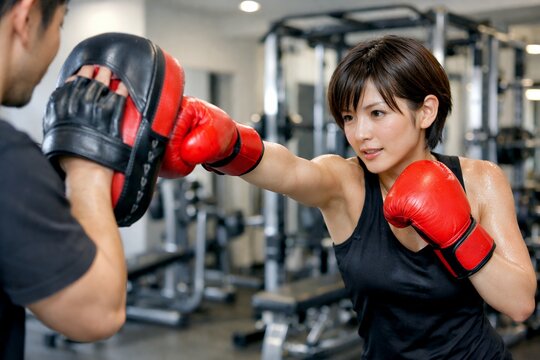 ボクシングジムでミット打ちのトレーニングに励み汗を流す赤のグローブを嵌めた若い女性