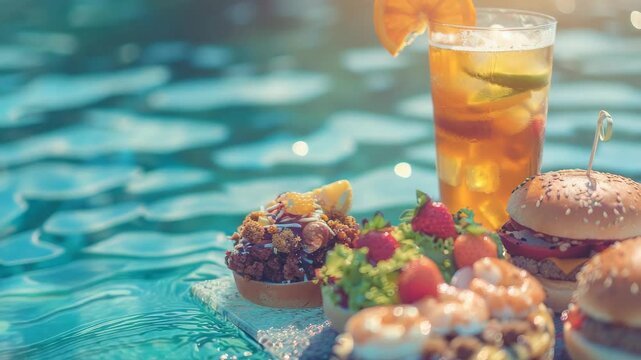 Delicious food and refreshing drinks served on a tray near an inviting blue swimming pool.