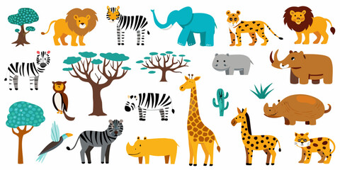 Colorful cartoon illustration depicting various african animals and trees © Juran